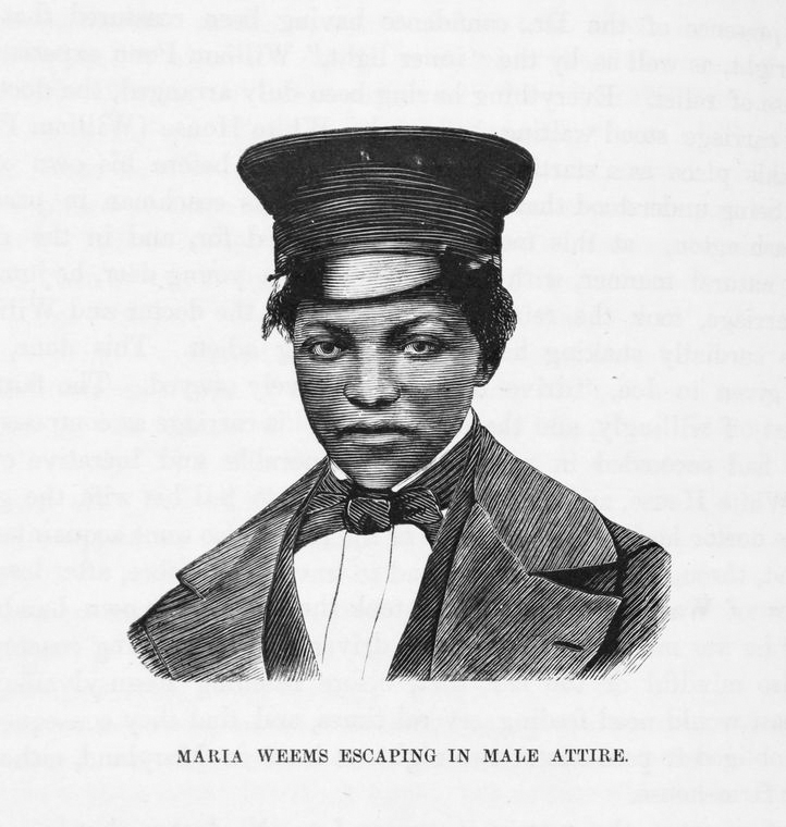 Black and white drawing of Maria Weems, a Black woman, dressed in men's attire so she can escape slavery