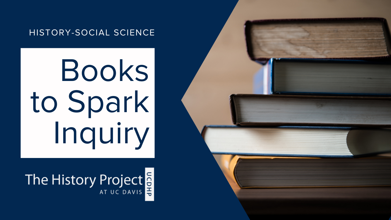 Image of book stack on the right hand side with the words "Books to Spark Inquiry" on the left with the History project logo