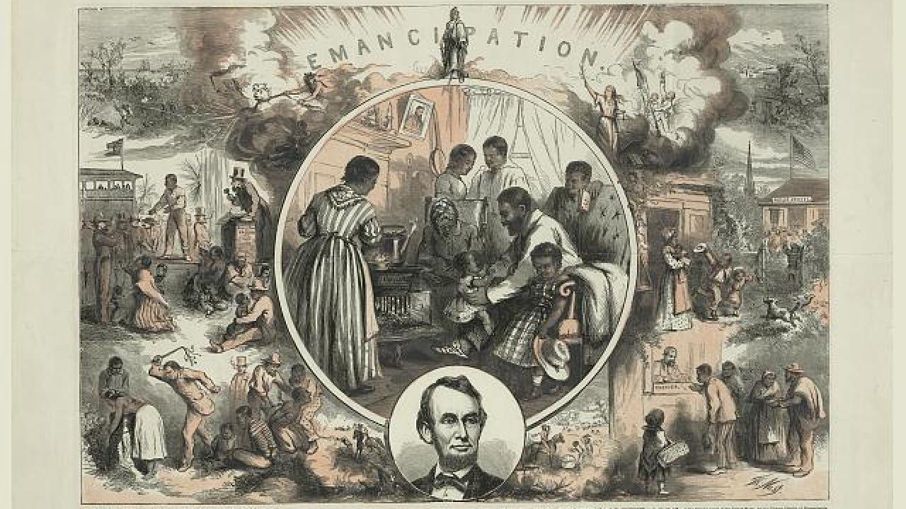 Image from 1865 depicting Black families in a variety of scenes from before and after the Civil War. The image shows what formerly enslaved persons endured during slavery and what they wanted to be free. 