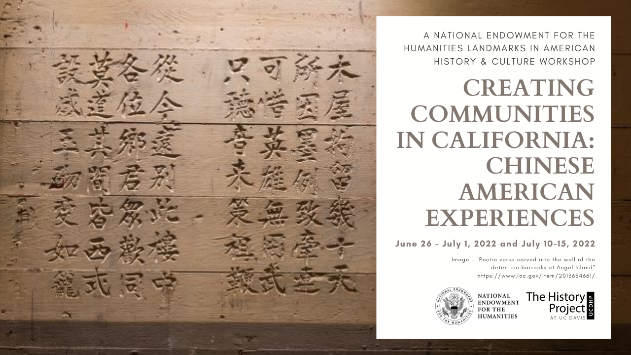Photo of Chinese writing on a light brown wall with a white box that includes the details for the NEH Creating Communities Workshop